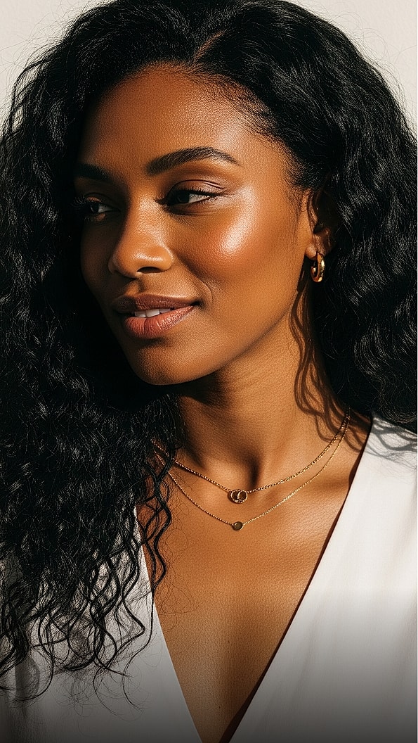 Woman with curly hair wearing layered gold necklaces.