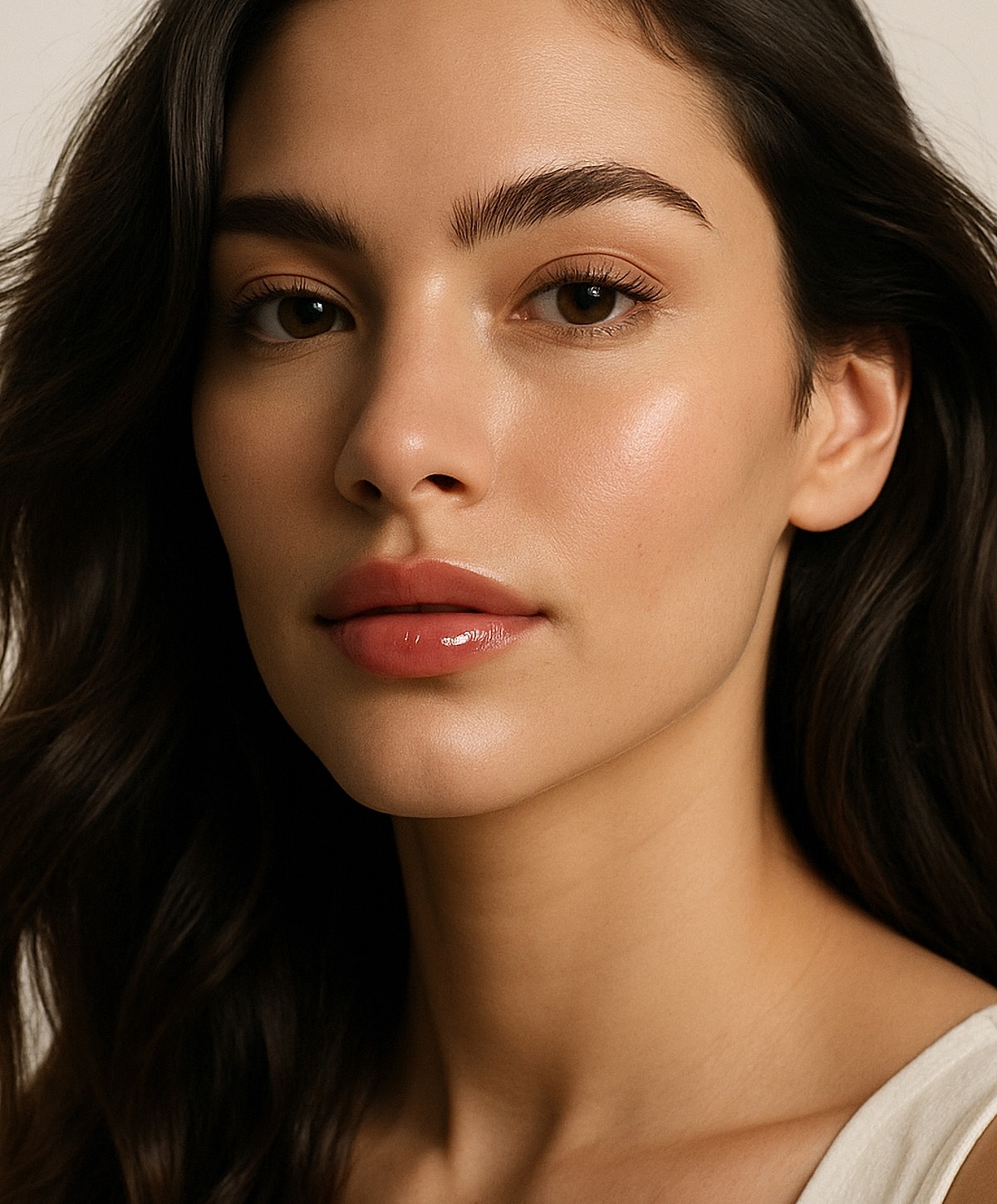 Close-up of a woman's radiant face.