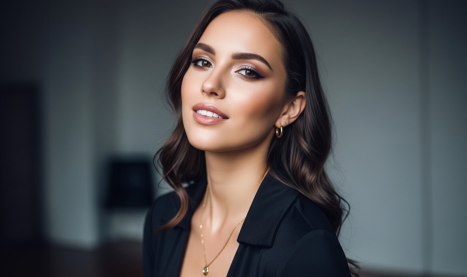 Woman with elegant hairstyle and makeup, smiling.