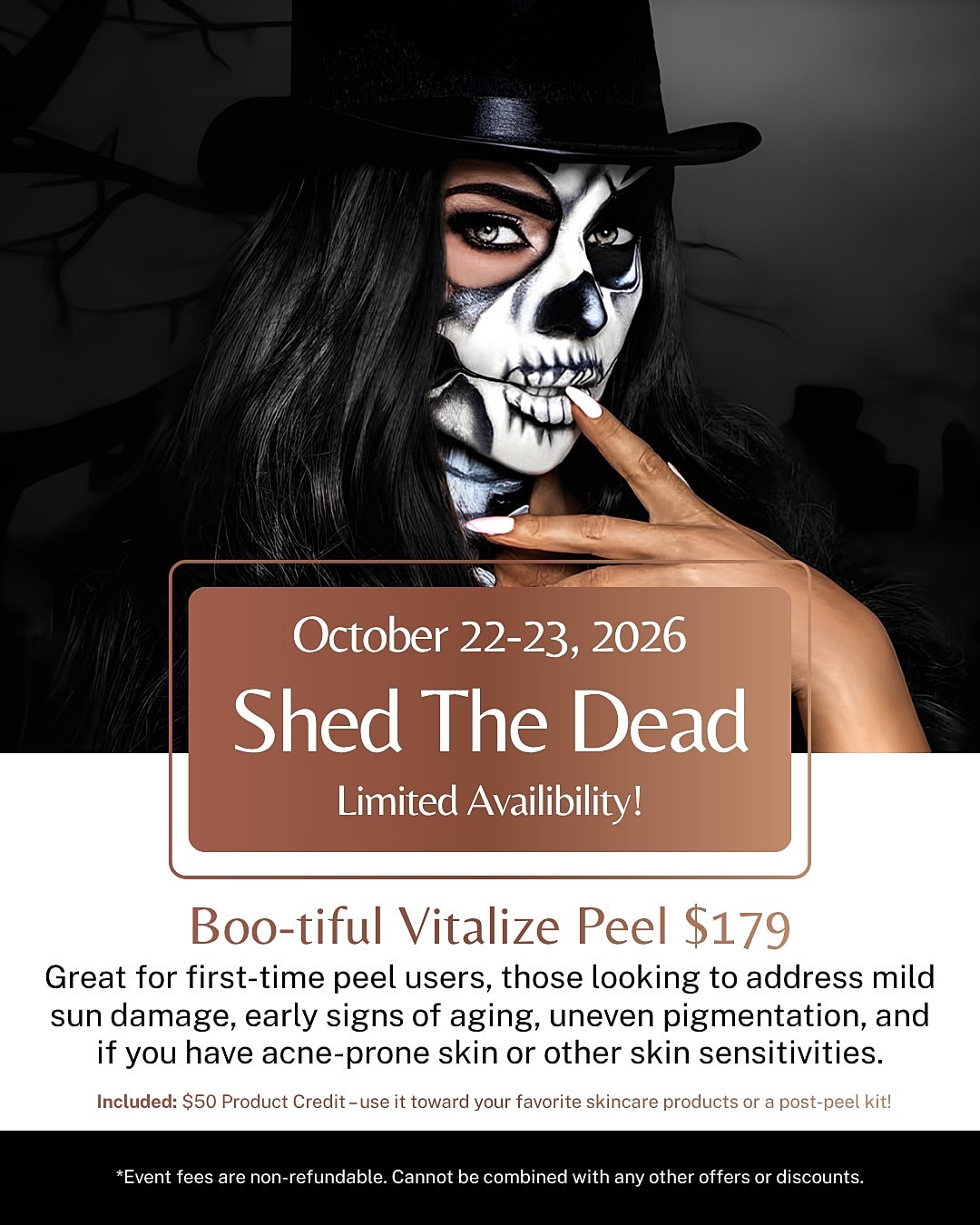 Halloween skincare promotion with skull makeup concept.